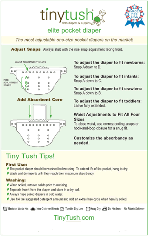 Tiny Tush Elite One Size Pocket Diaper Instructions